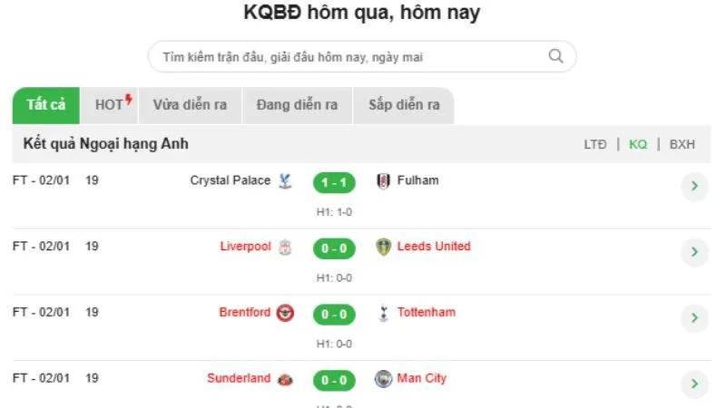 KQBD 24h cập nhật kết quả hàng nghìn giải đấu
